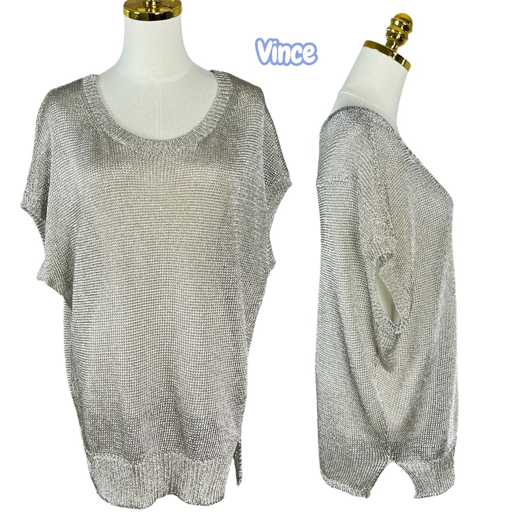 Vince Metallic Silver Knit Mesh Scoop Neck Top Oversized Short Sleeve Large